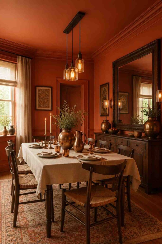 Rich terracotta color drenched dining room with dark wood furniture copper accessories and warm Edison bulb lighting