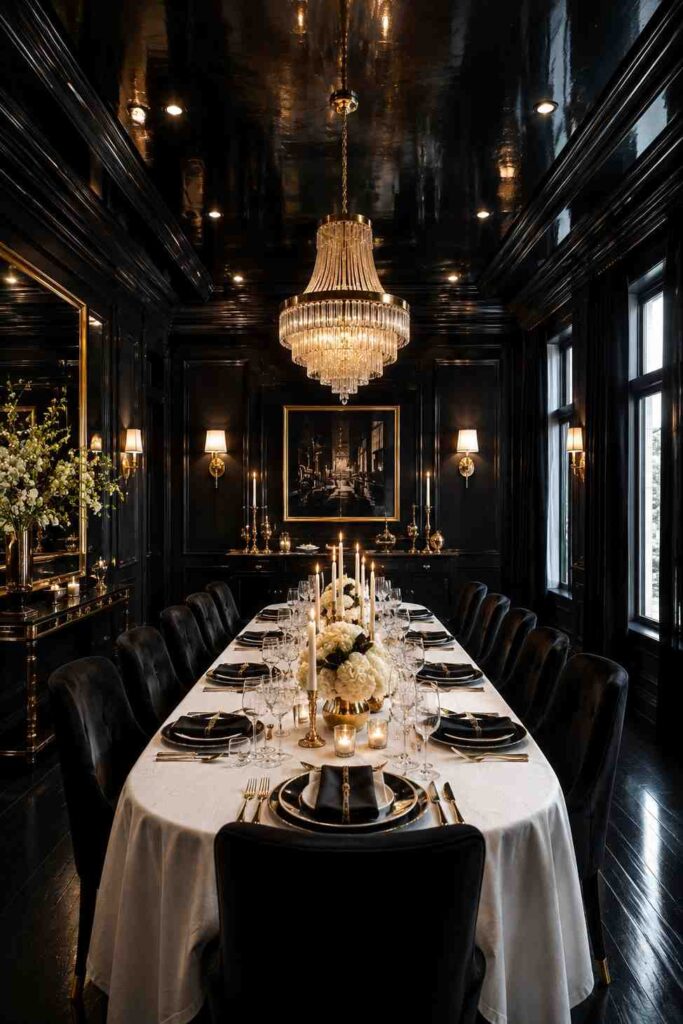 Moody black color drenched dining room with white linen crystal glassware gold accents and dramatic candlelight