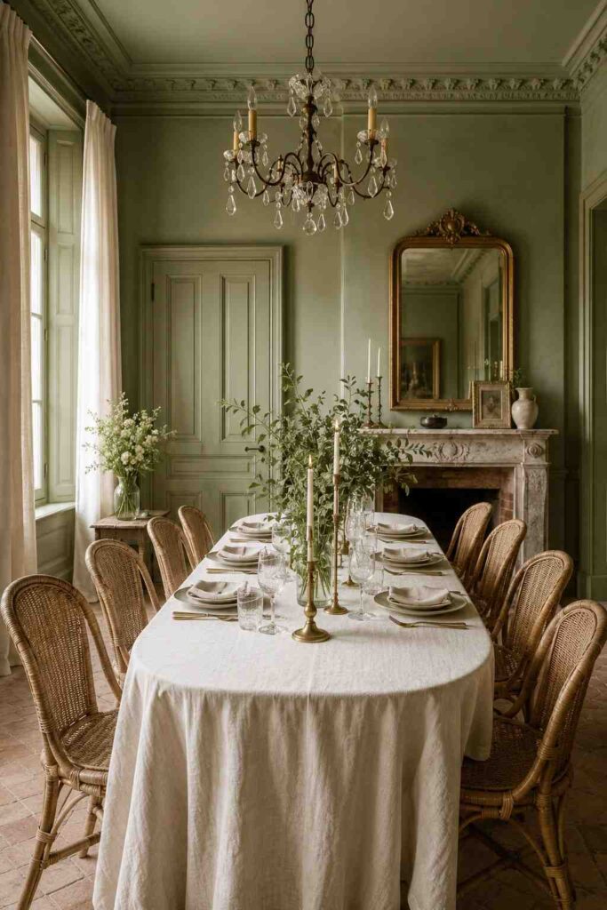 Dusty sage green color drenched dining room with wicker chairs brass candleholders and eucalyptus stems on table
