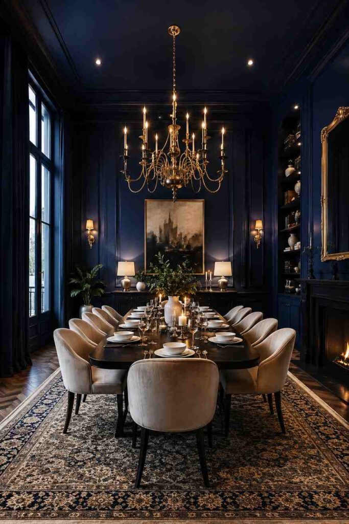 Deep navy blue color drenched dining room with brass chandelier cream velvet chairs and antique rug