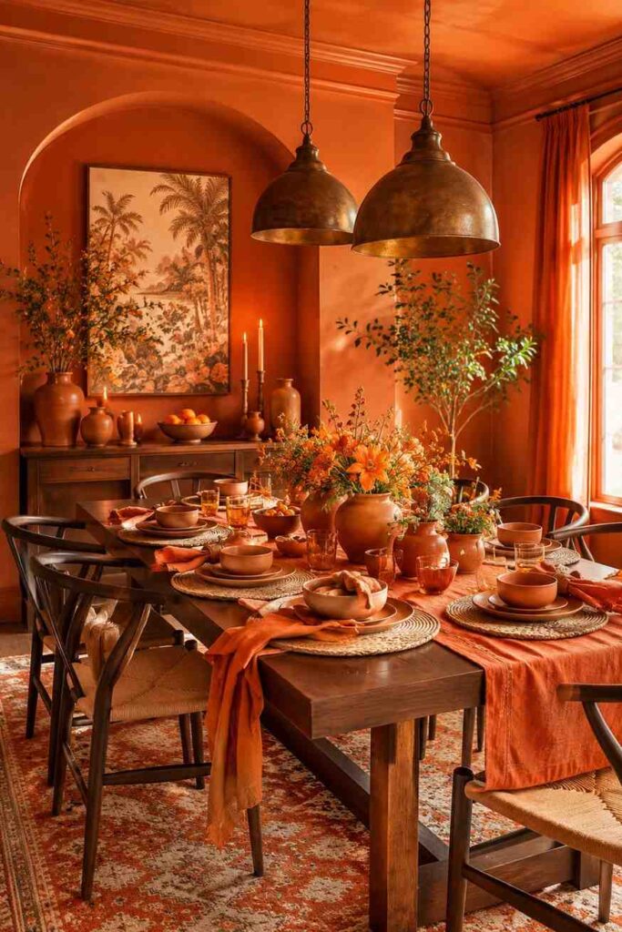 Warm burnt orange color drenched dining room with dark walnut furniture terracotta tableware and bronze pendant lighting