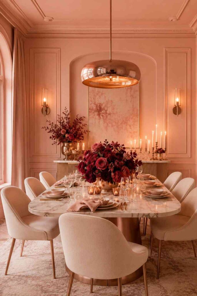 Soft blush pink color drenched dining room with marble table rose gold light burgundy flowers and candlelight