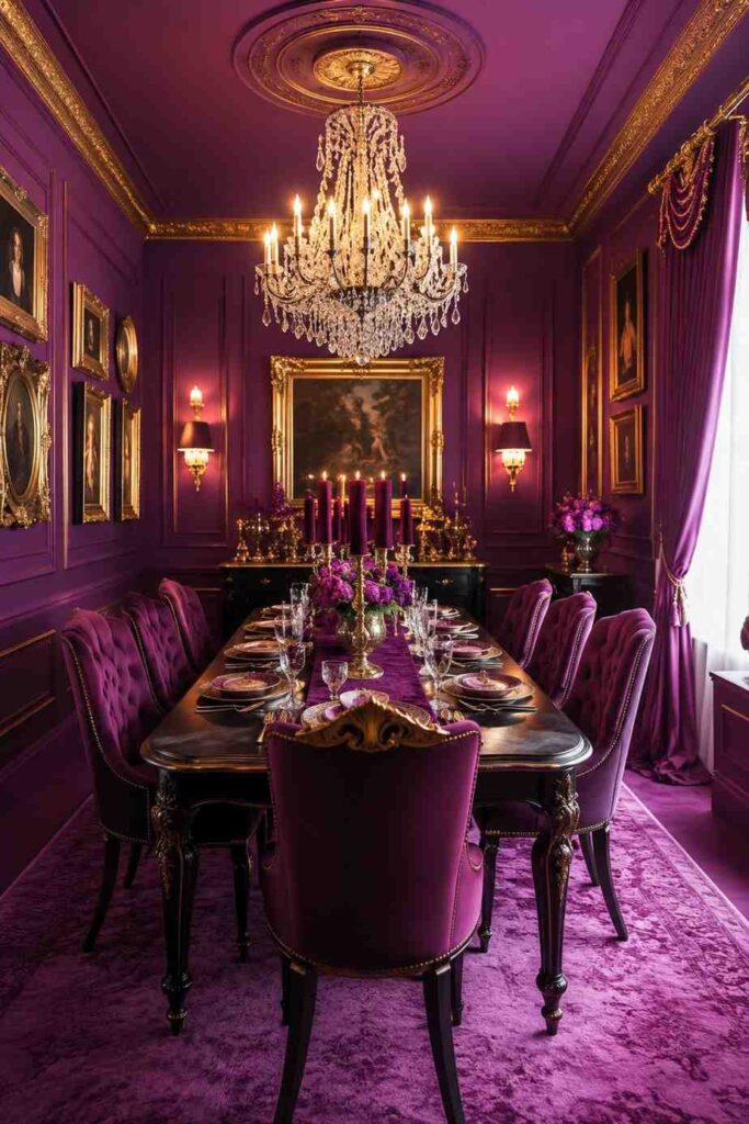 Deep plum purple color drenched dining room with gold frames velvet chairs crystal chandelier and burgundy candles