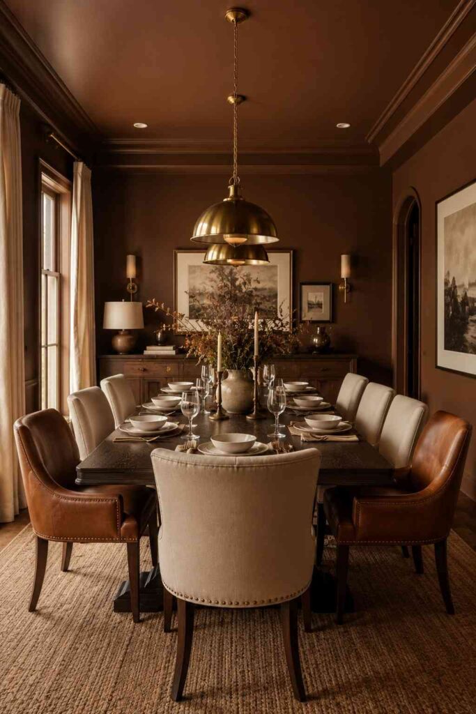 Warm chocolate brown color drenched dining room with leather chairs brass pendant light and white tableware on dark wood table