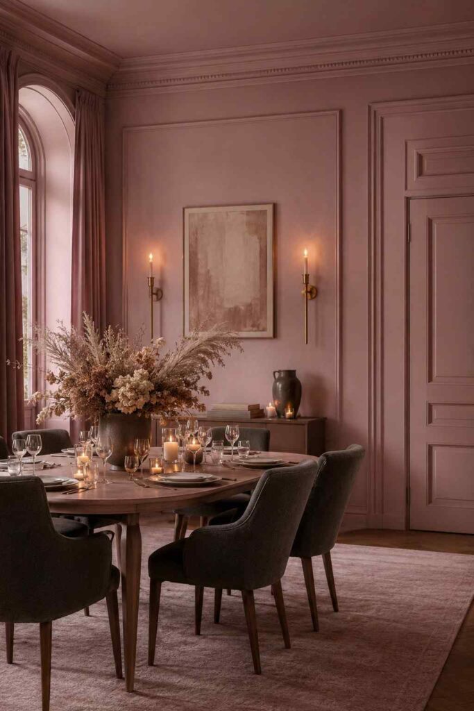 Dusty rose mauve color drenched dining room with brass sconces charcoal chairs dried flowers and candlelight