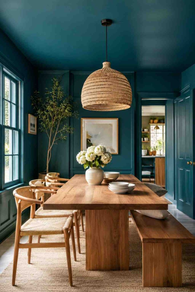 Inky teal color drenched dining room with natural wood table rattan pendant light white tableware and fresh white flowers