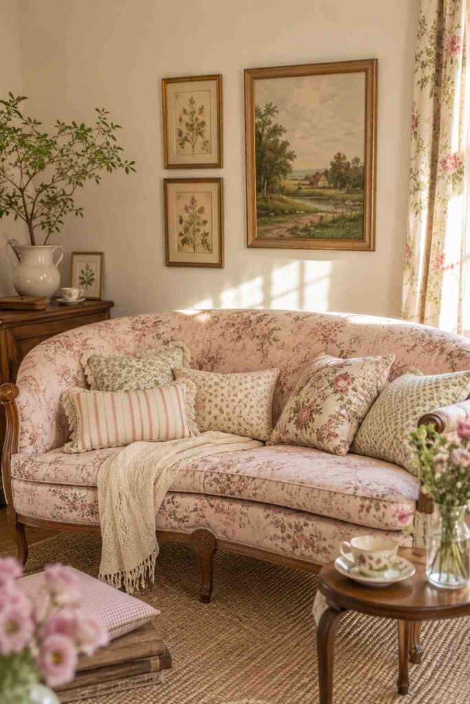 Curved vintage floral blush sofa with mismatched cushions as centerpiece in warm romantic cottagecore living room