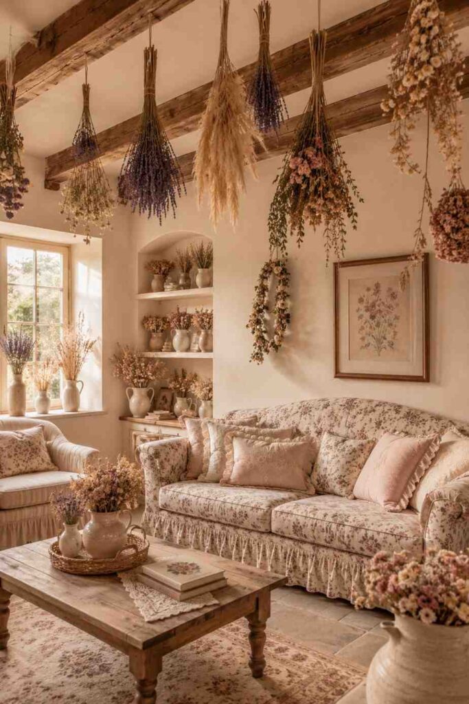 Dried lavender pampas grass and preserved roses hanging from ceiling beams and in ceramic vases in cottagecore living room