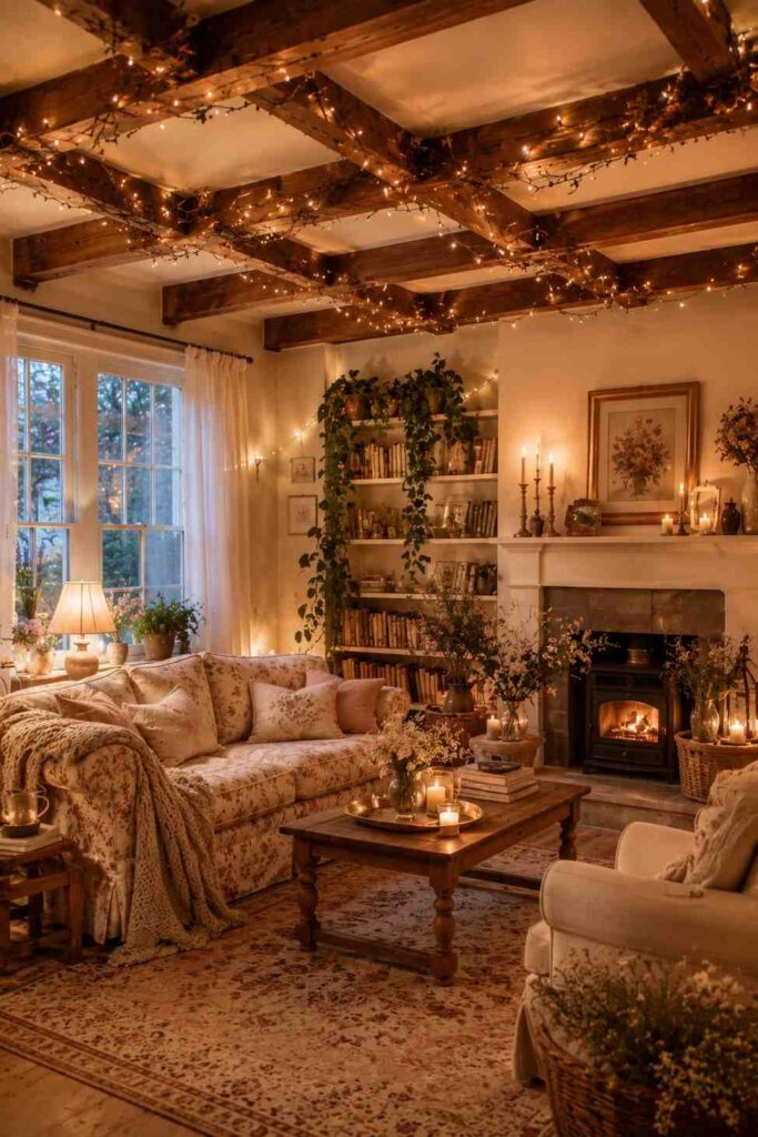 Dark walnut exposed wooden ceiling beams with fairy lights in warm golden cottagecore living room with floral sofa