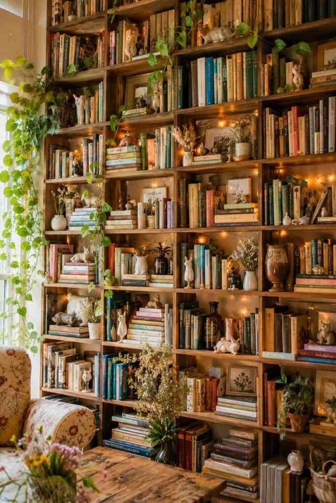 Floor to ceiling bookshelf overflowing with books ceramic animals trailing ivy and dried flowers with fairy lights in cottagecore room