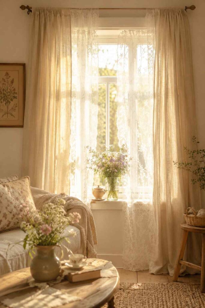 Sheer white lace curtains layered with linen drapes filtering soft golden afternoon light in dreamy cottagecore living room window