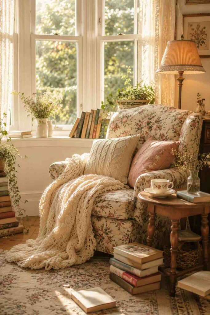 Vintage floral armchair reading nook with books cushions knit throw teacup and trailing plant in cottagecore living room bay window