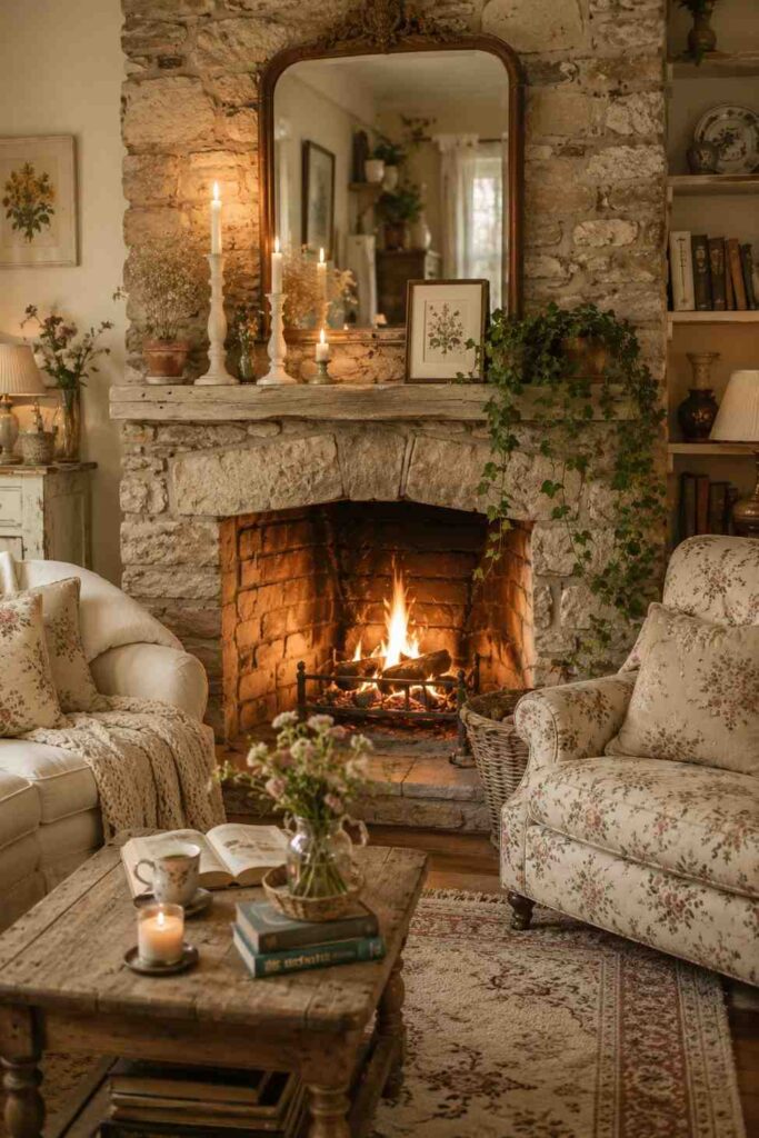 Exposed stone fireplace with candlesticks botanical print dried flowers and trailing ivy in warm romantic cottagecore living room