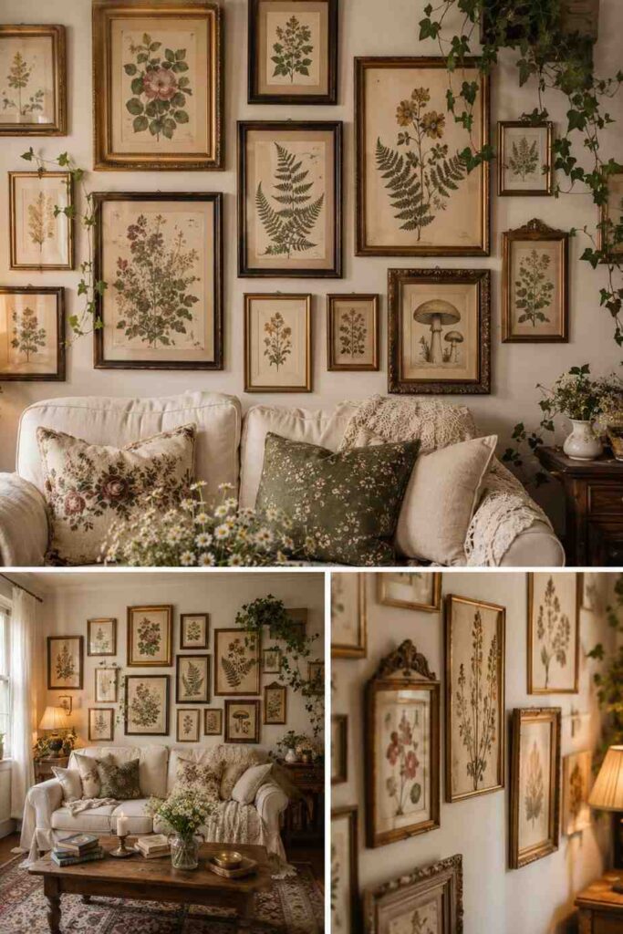Eclectic gallery of vintage botanical prints in mismatched gold and dark wood frames covering cottagecore living room wall