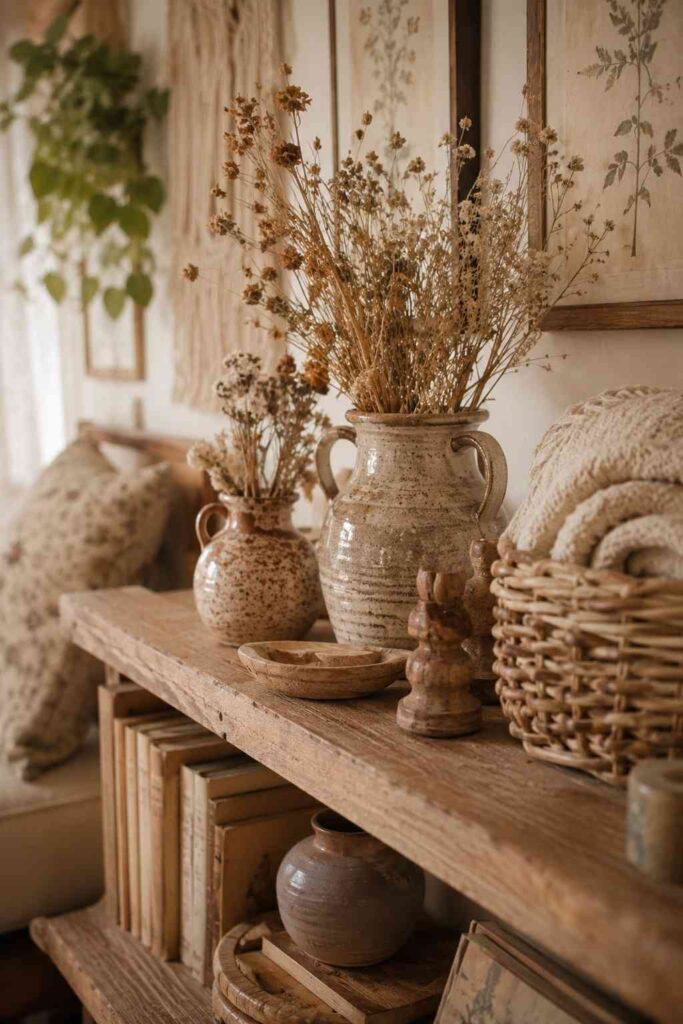 Hand thrown ceramic vases with dried wildflowers woven basket and carved wooden objects on rustic shelf in cottagecore living room