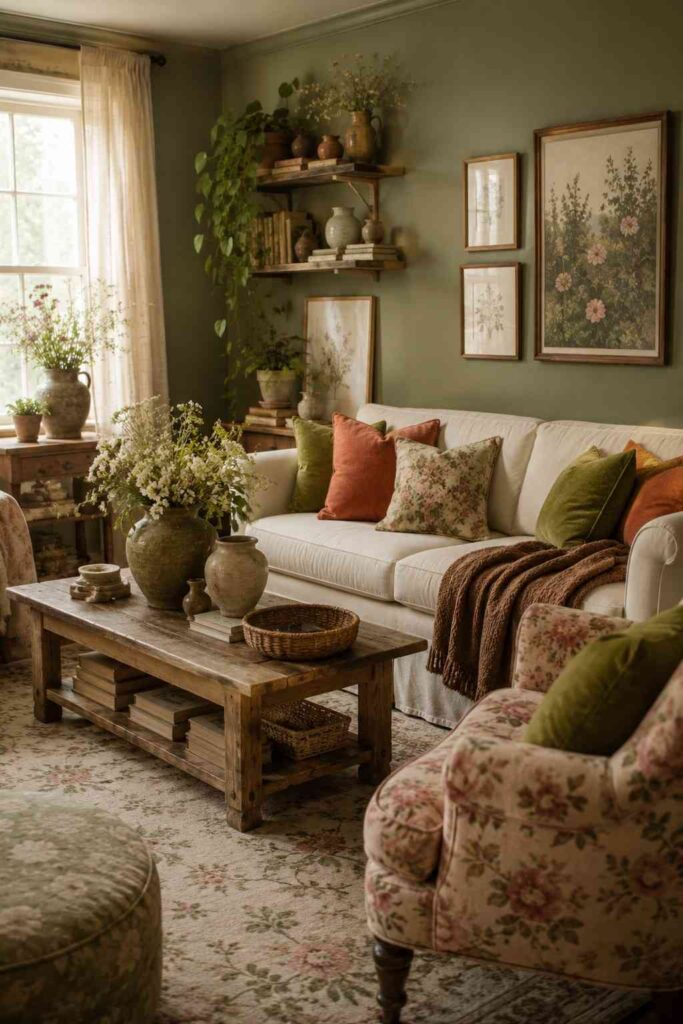 Cottagecore living room in moss green terracotta mushroom brown dusty blush and cream earthy color palette with natural light