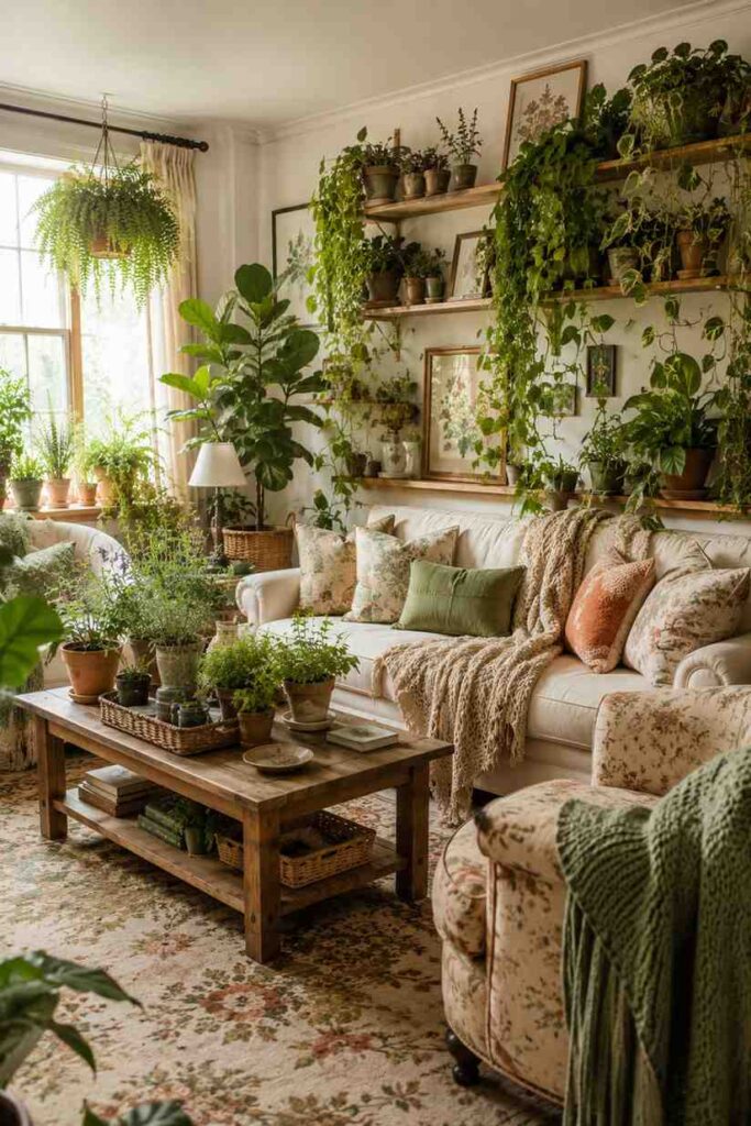Lush cottagecore living room overflowing with trailing pothos fiddle leaf fig ferns and herb pots in warm natural light