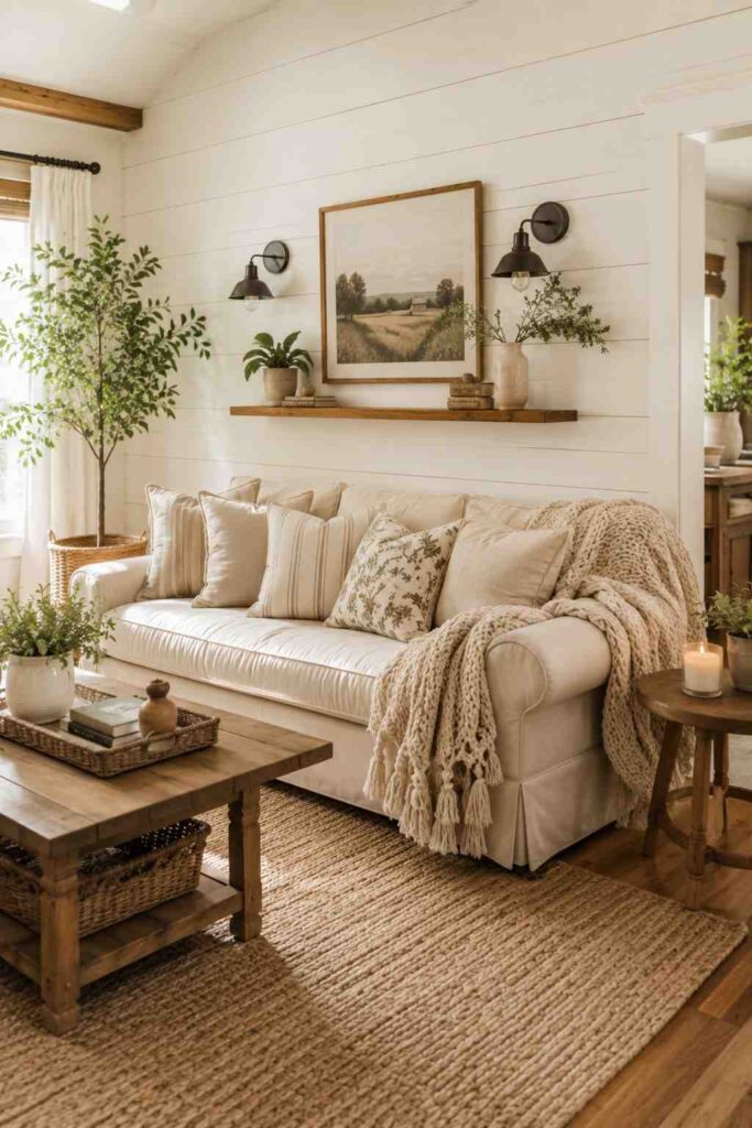  White shiplap accent wall behind oatmeal linen sofa with jute rug and chunky throw in farmhouse living room

