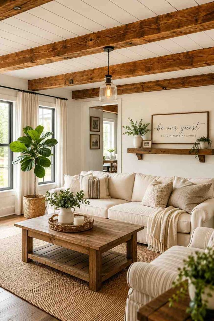 Warm honey reclaimed wood beam ceiling above neutral cream sofa and jute rug in farmhouse living room