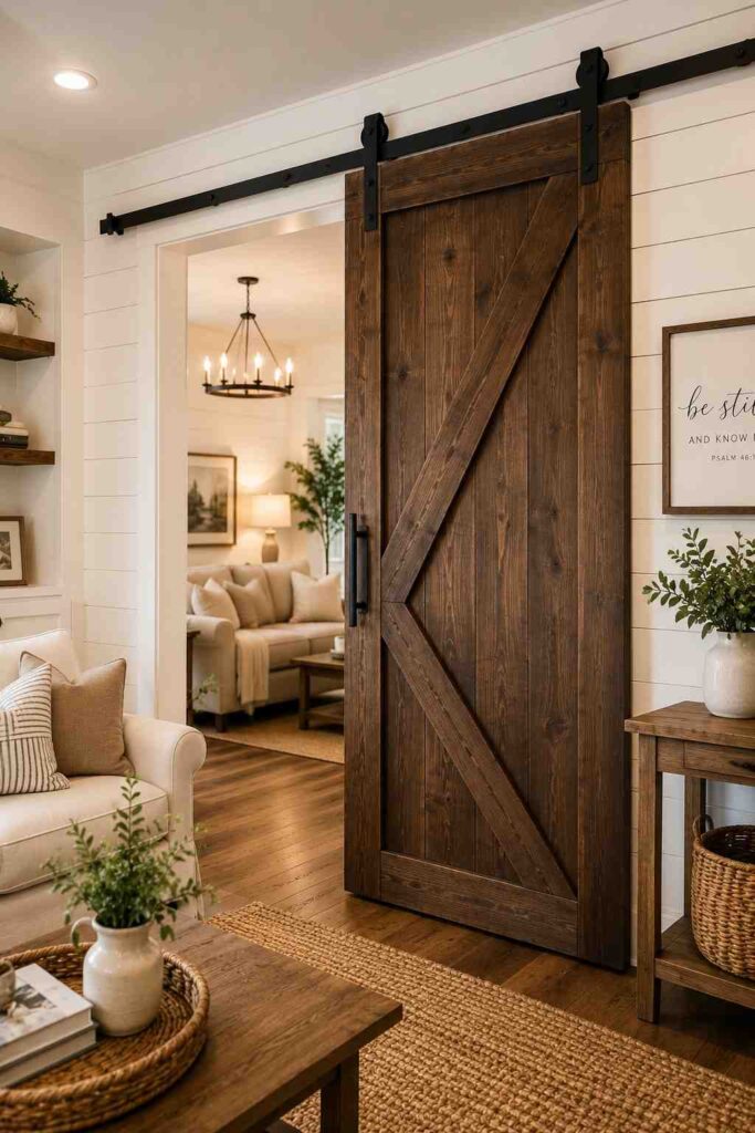 Dark walnut sliding barn door with black iron hardware on white shiplap wall in rustic farmhouse living room