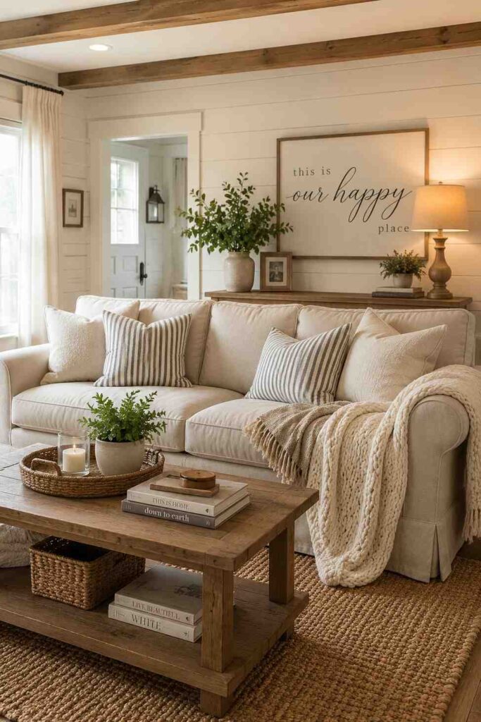  Oatmeal linen sofa with stripe cushions chunky knit throw and woven blanket in cozy farmhouse living room