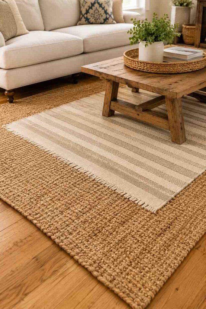  Large natural jute rug layered over warm hardwood floors with linen sofa and wooden coffee table in farmhouse living room