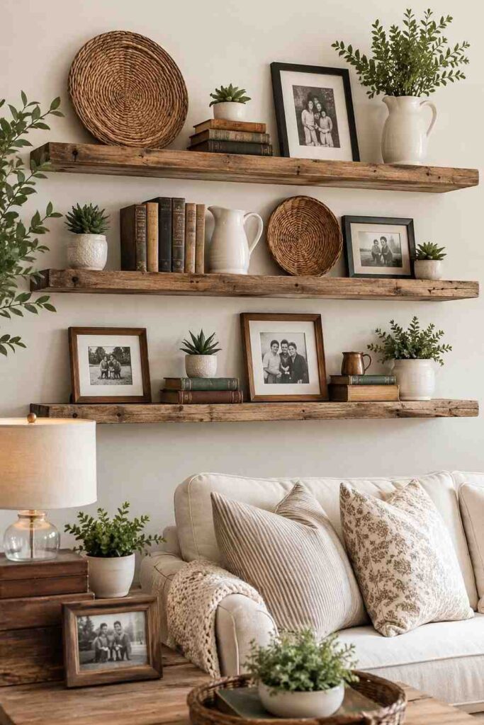  Rustic open wooden shelves with vintage books white pitchers succulents and family photos in farmhouse living room
