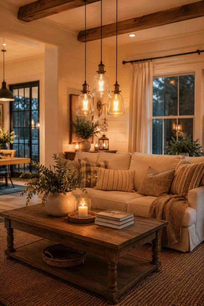  Cluster of Edison bulb pendants with warm amber glow above wooden coffee table in cozy farmhouse living room evening
