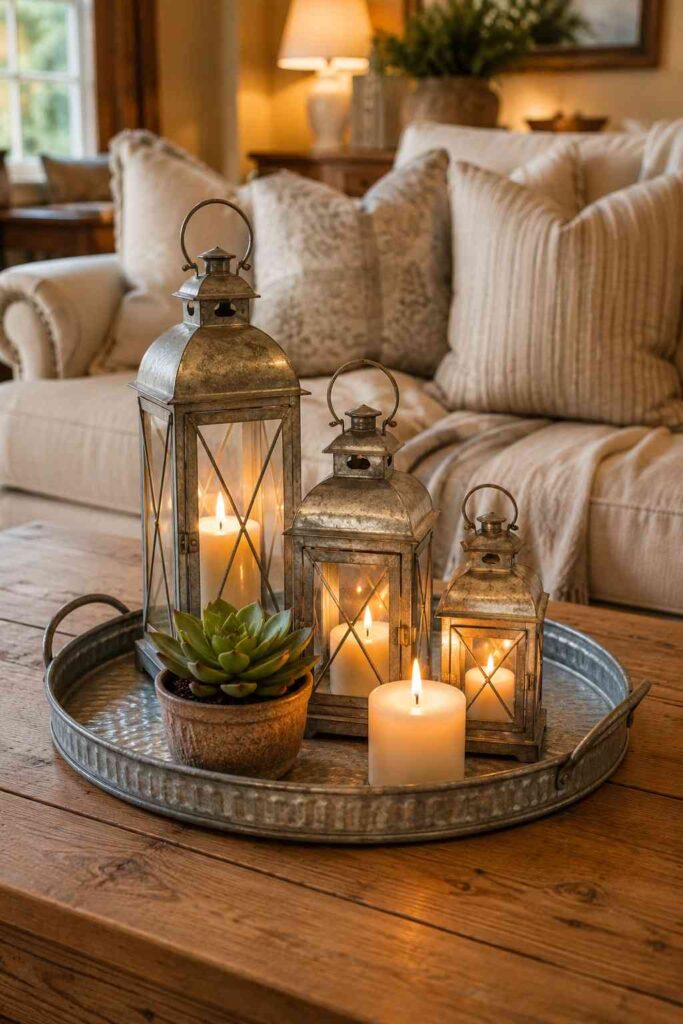 Galvanized metal tray with lanterns succulent and candle on wooden coffee table in farmhouse living room
