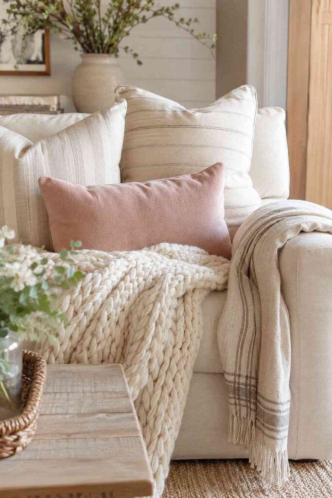  Layered chunky knit throw stripe cushions velvet pillow and linen blanket on farmhouse living room sofa corner
