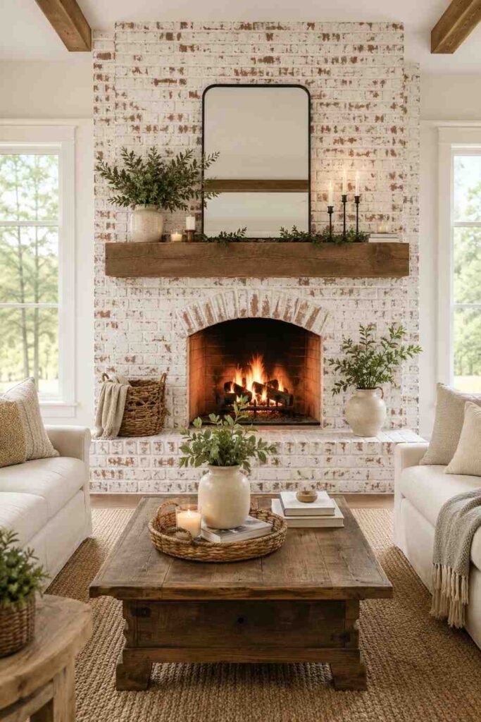  Whitewashed brick fireplace surround with wooden mantle greenery candles and black mirror in farmhouse living room