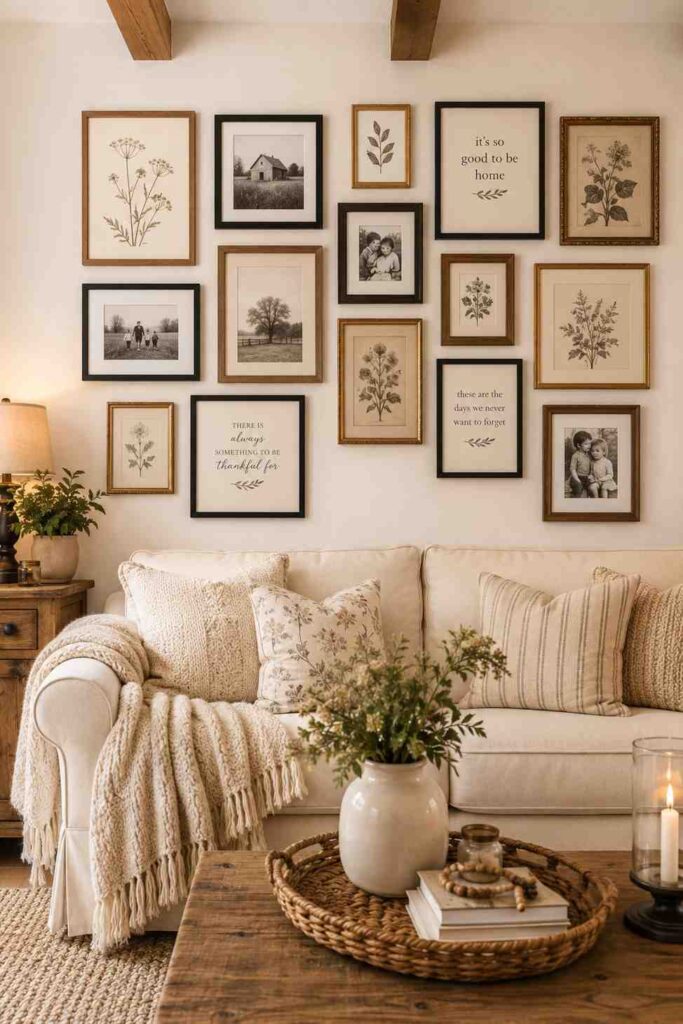 Farmhouse gallery wall with black natural wood and gold frames holding botanical prints and family photos in living room