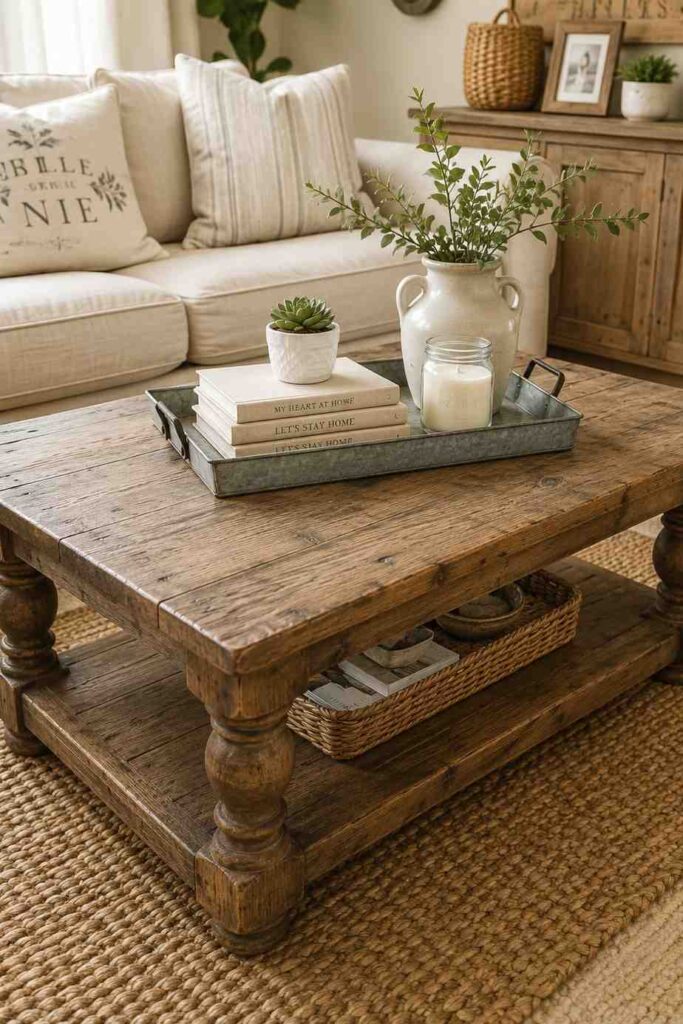 Distressed solid wood coffee table with galvanized tray books succulent and candle on jute rug in farmhouse living room