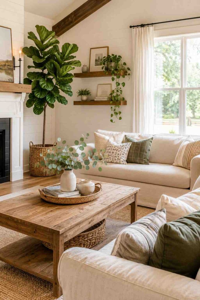  Fiddle leaf fig in woven basket trailing pothos on shelves and eucalyptus in white vase in bright farmhouse living room