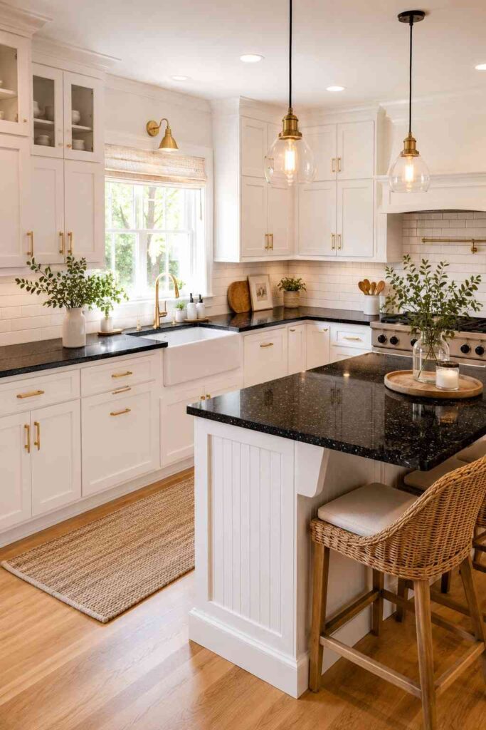 Black granite countertops with white shaker cabinets and brushed gold hardware in a classic kitchen