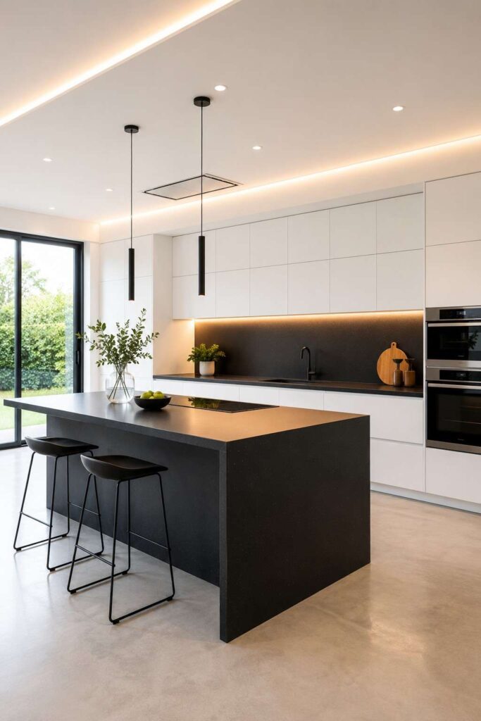 Matte black quartz countertops on white flat front cabinets in a sleek modern kitchen