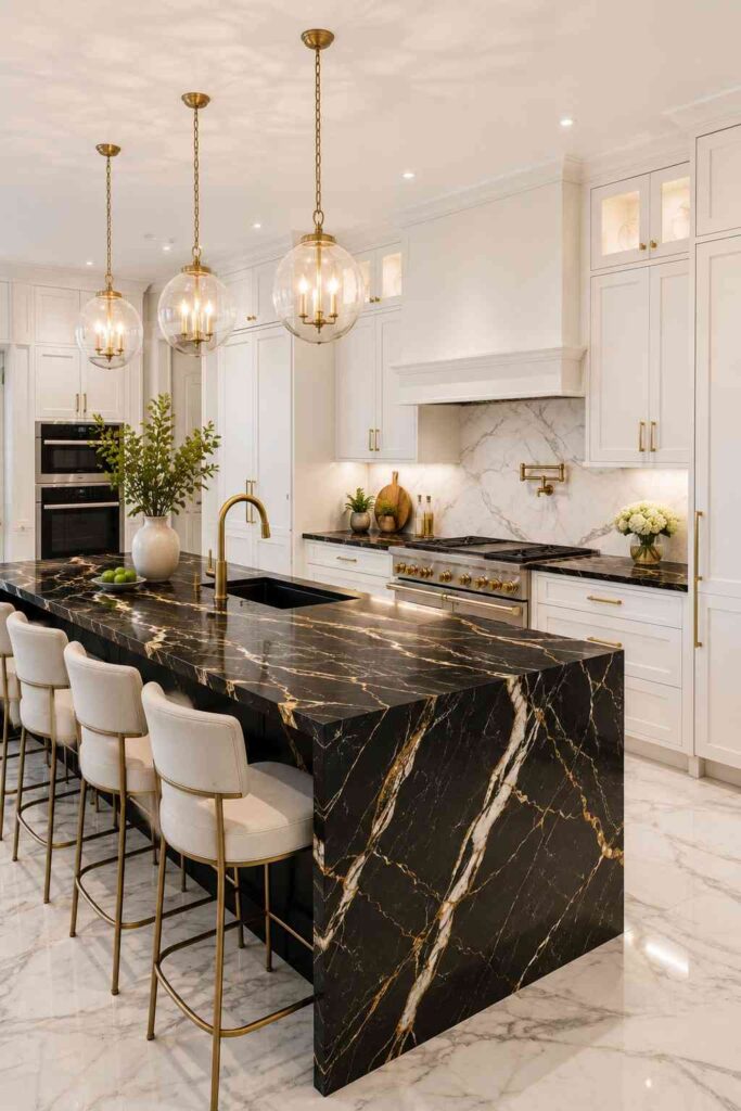 Black marble countertops with white veining and gold brass accents in a luxury kitchen