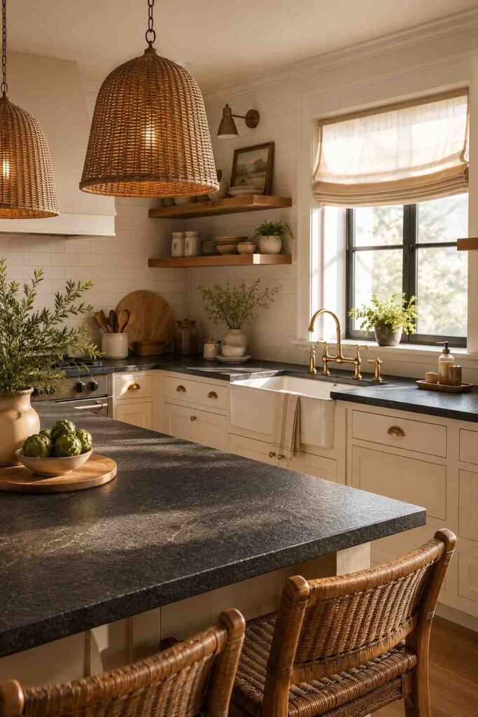 Leathered black granite countertops with white shaker cabinets and brass faucet in a warm kitchen