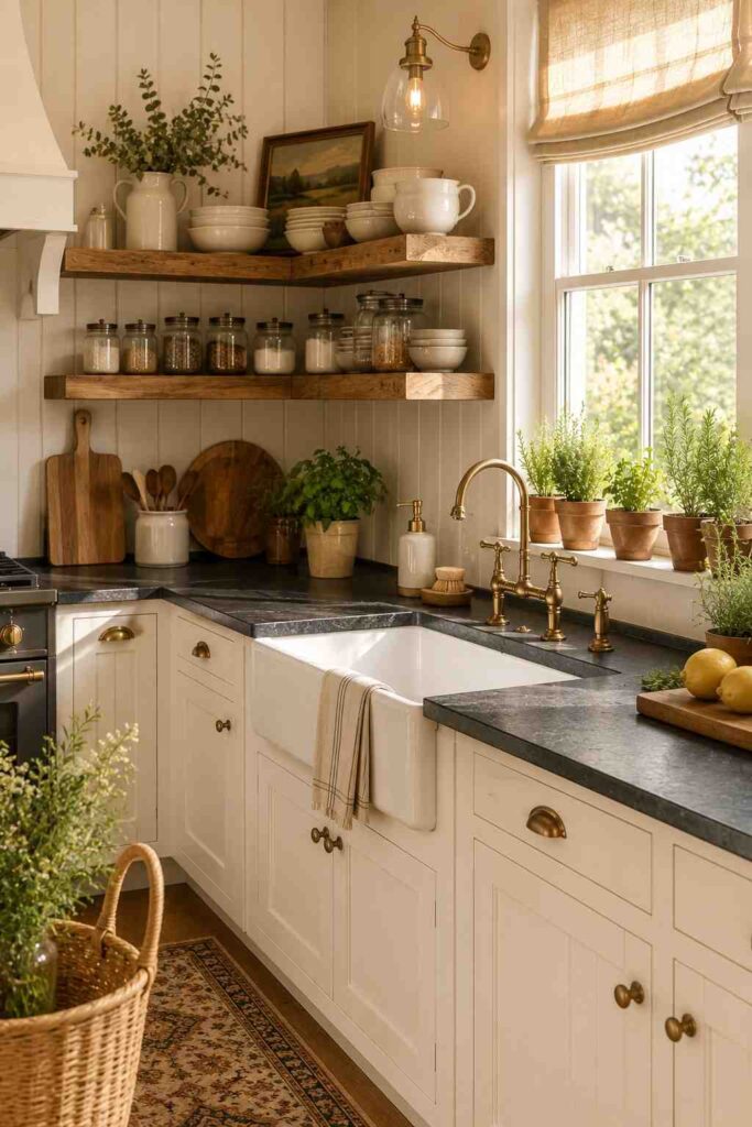 Black soapstone countertops with white farmhouse cabinets and apron sink in a cozy kitchen