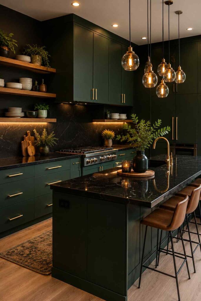 Black countertops with dark forest green cabinets and brass hardware in a moody dramatic kitchen