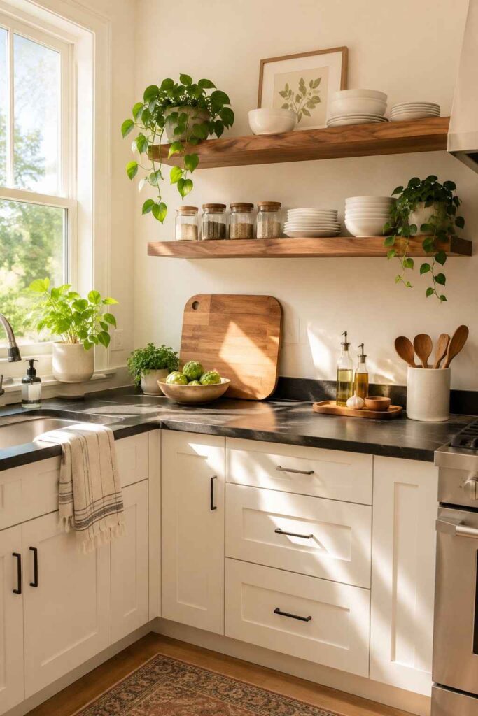 Black countertops with open walnut wood floating shelves and white dishes in a bright kitchen