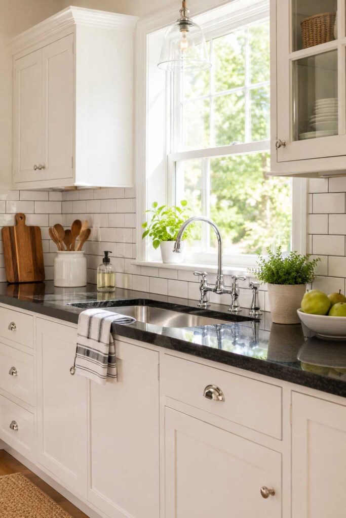 Black countertops with white subway tile backsplash and dark grout in a timeless kitchen