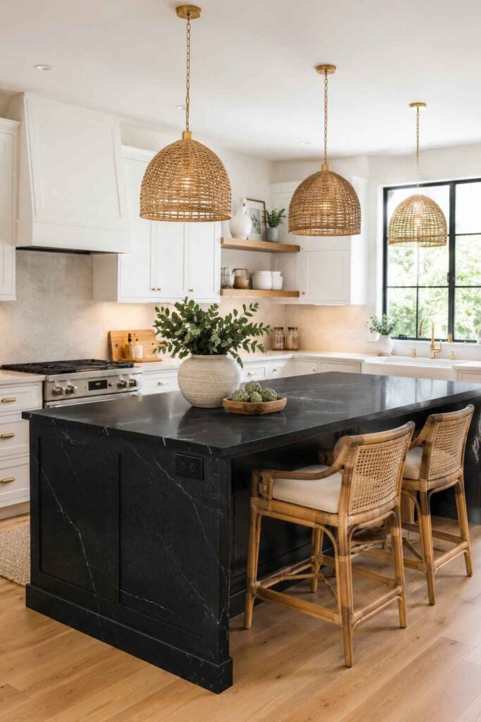 Kitchen island with black countertop surrounded by cream perimeter counters in a two tone kitchen