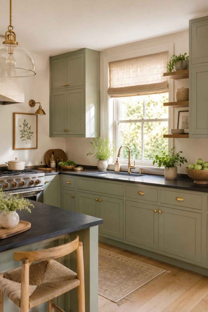 Black countertops with sage green cabinets and brass hardware in a fresh organic kitchen
