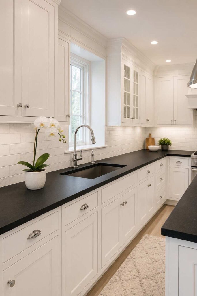 Honed black absolute granite countertops with white cabinets and chrome fixtures in an elegant kitchen