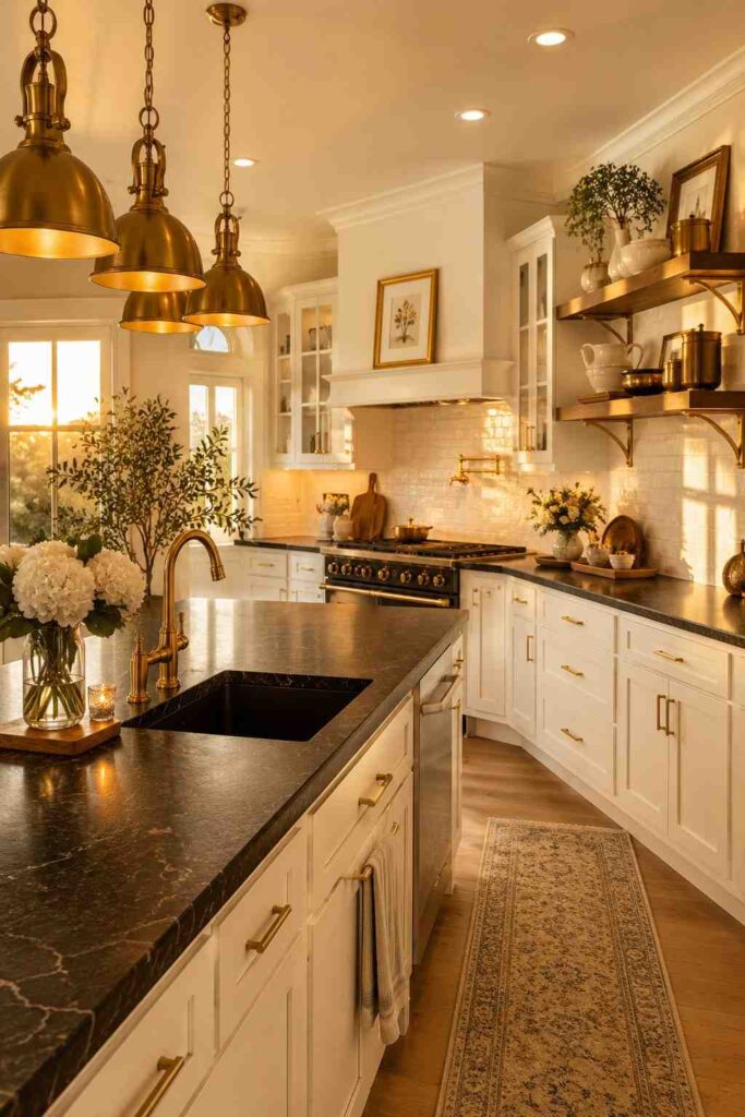 Black countertops with brushed brass hardware and white shaker cabinets in a luxurious kitchen