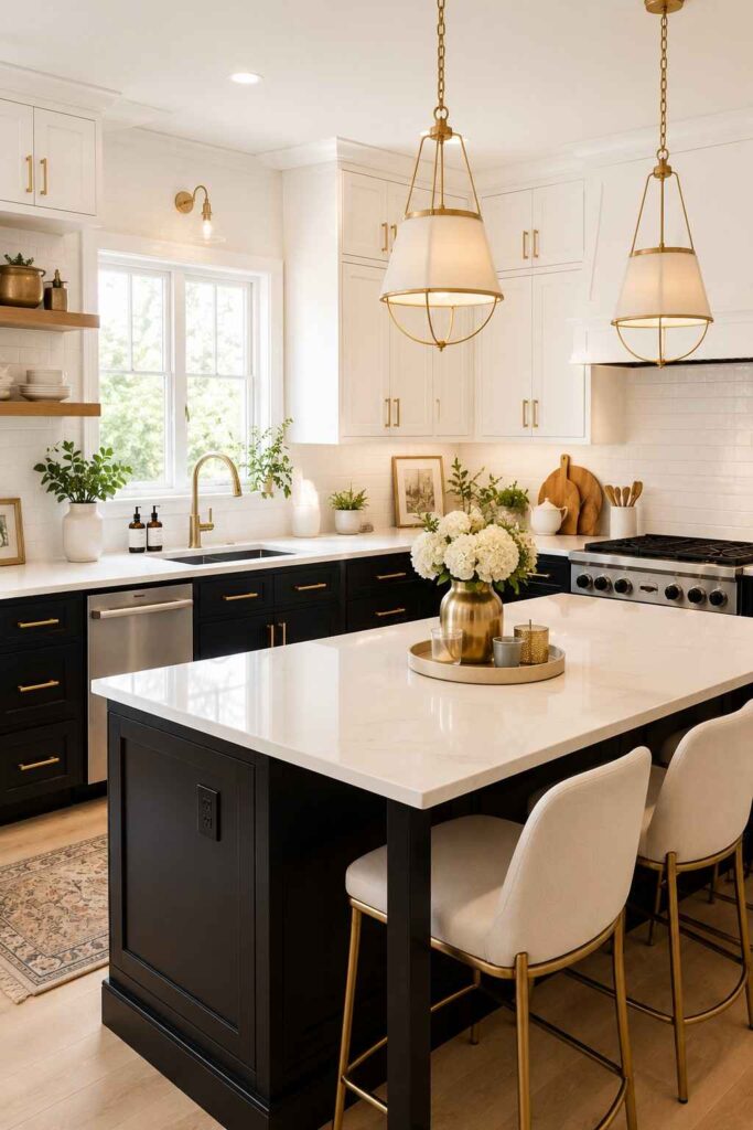 Black lower cabinets and white upper cabinets with brass hardware in a modern bright kitchen
