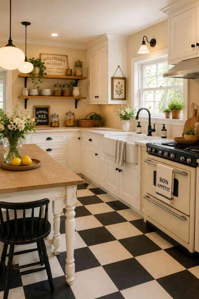 Black and white checkered tile floor in a charming farmhouse kitchen with white shaker cabinets