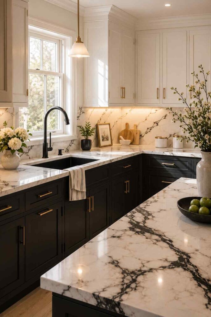 White marble countertops with dramatic black veining on dark charcoal cabinets in a luxury kitchen