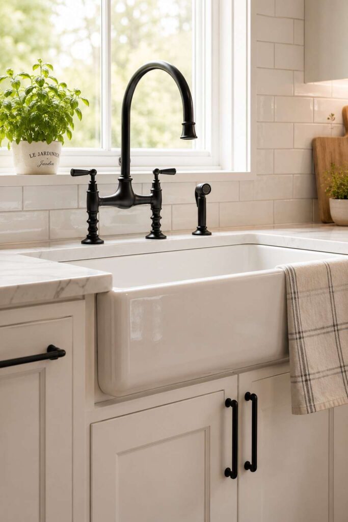 Sleek black matte faucet above a white farmhouse sink with subway tile backsplash in a clean kitchen